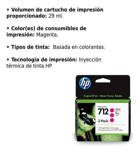 Imagen 2 de 5 de Cartucho De Tinta Hp Desingjet 712 Magenta Pack De 3 29ml