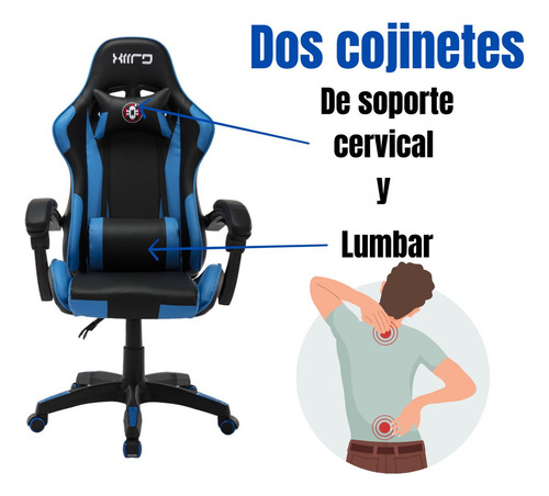 Silla Gamer Reclinable Para Escritorio, Ergonomica Ajustable Azul Con Negro Cuero Sintético