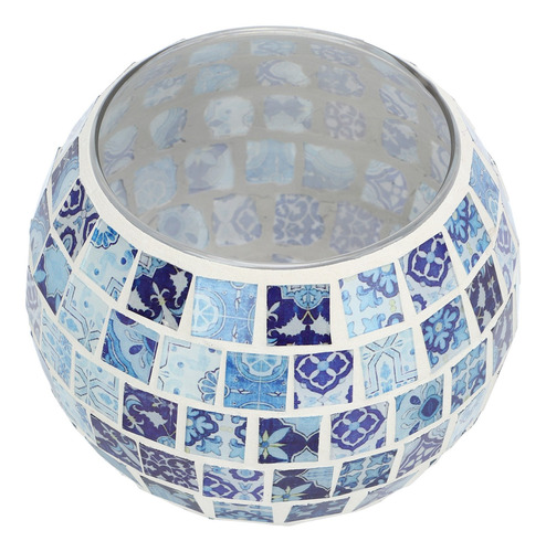 Portavelas Con Forma De Mosaico De Vidrio Azul Y Blanco, Dis