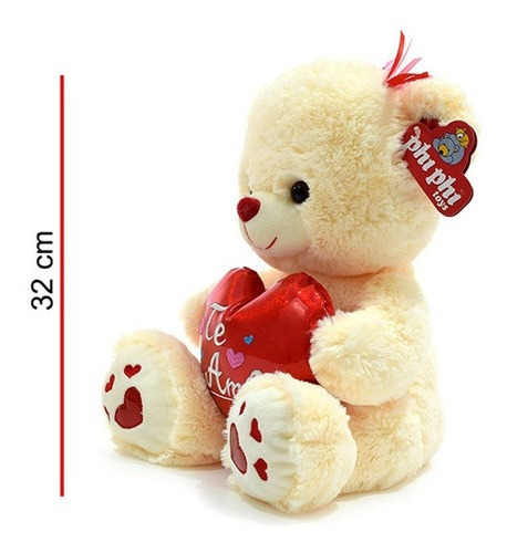 Peluche Osito Beige Con Corazón Metalizado 32cm Phi Phi Toys