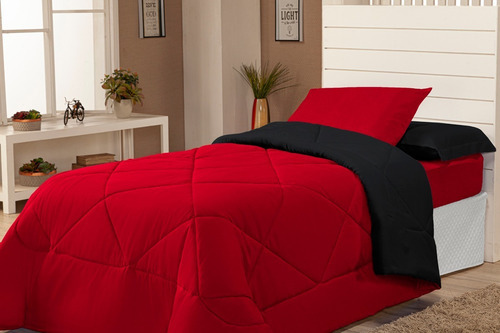 Edredom Para Cama De Solteiro Fronha Dupla Face 02 Pçs Frio Cor Vermelho/preto