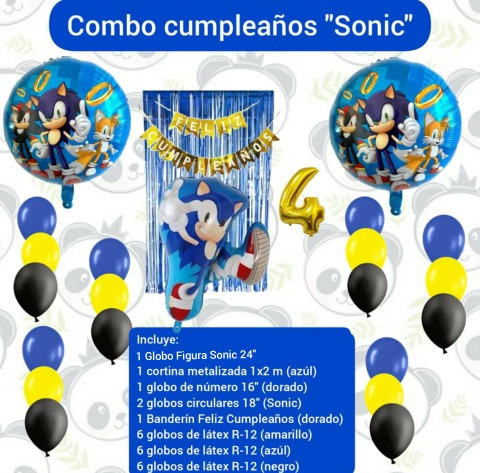 Combo Decoración Cumpleaños Globos Cortina Banderin Sonic