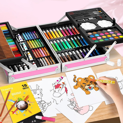 Kit De Dibujo Estuche De Arte 145pz Acuarelas Pinturas Colores Diseño Infantil Robot Fasilyt