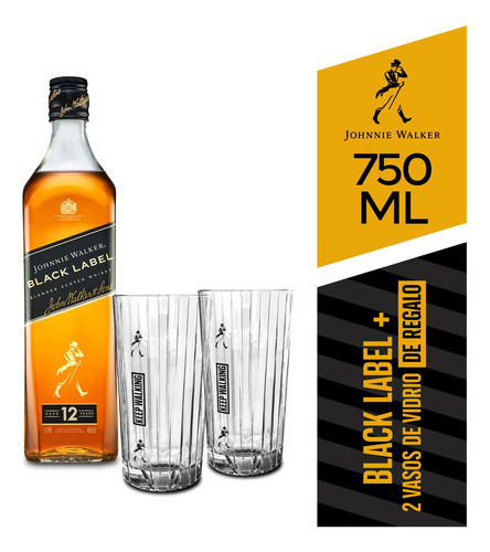 Whisky Johnnie Walker Black Label 12 Años 750ml + 2 Vasos