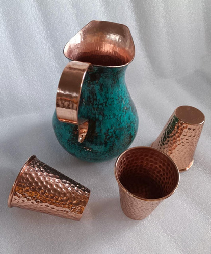 Jarra Verde Con 3 Vasos (set 4 Piezas) 100% Cobre De Lujo. Verde