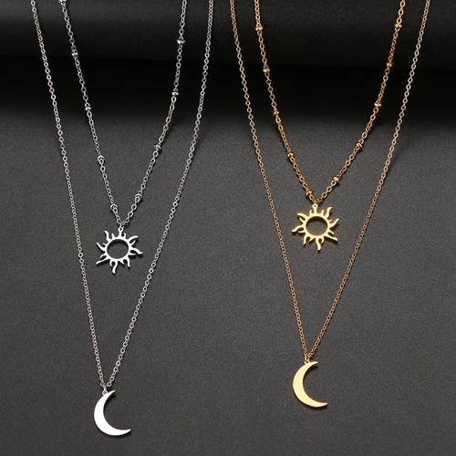 Imagen 9 de 9 de Collar Multicapa Doble Dije Sol Y Luna Acero Baño De Oro