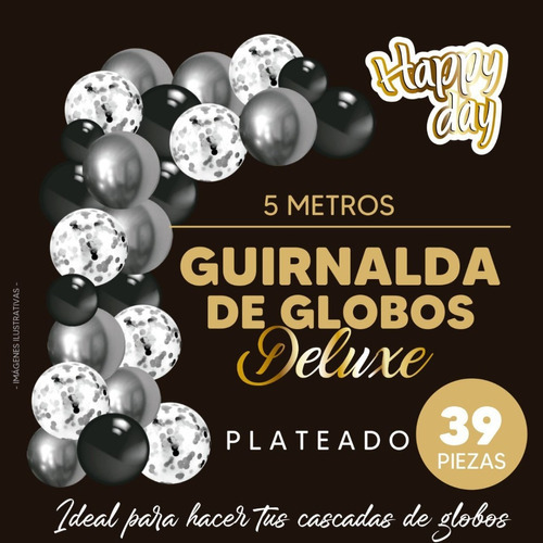 Imagen 3 de 3 de Kit Guirnalda Decoracion Globos Deluxe Confetti Arco Acetat Color Plateado