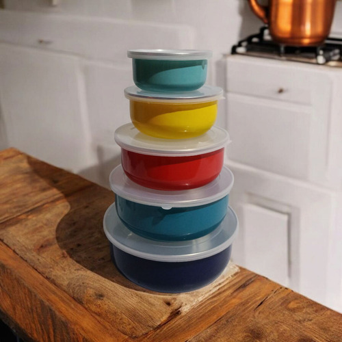 Set De 5 Bowls De Peltre Con Tapa De Plastico