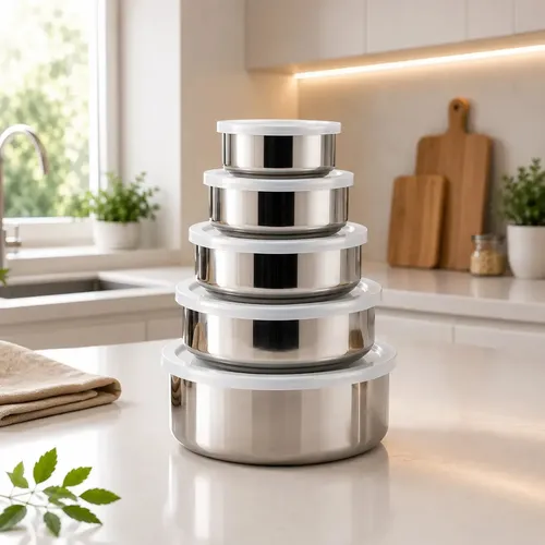 Mundilar Conjunto 5 Potes Inox Redondos Com Tampas Herméticas