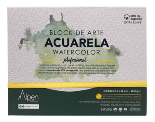 Block De Arte Acuarela Watercolor Profesional 300gr Alpen