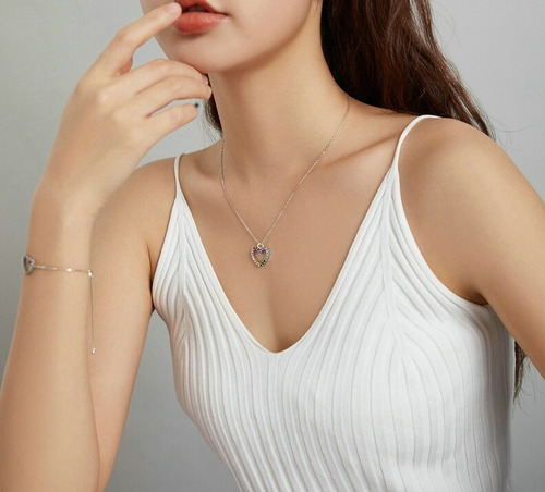 Collar De Plata S925 Con Circones Arcoíris Diseño Corazón