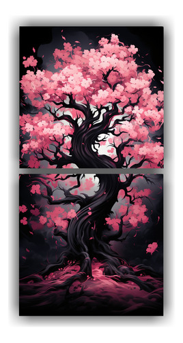 140x70cm Cuadros Árbol Roble En Negro Y Rosa Bastidor Mader