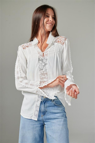 Camisa Premium Zanett Broderie Con Encaje Guk61 White