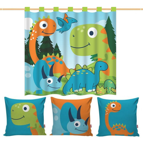 Kit Cortina Apartamento Quarto Infantil Dinossauro 140cm