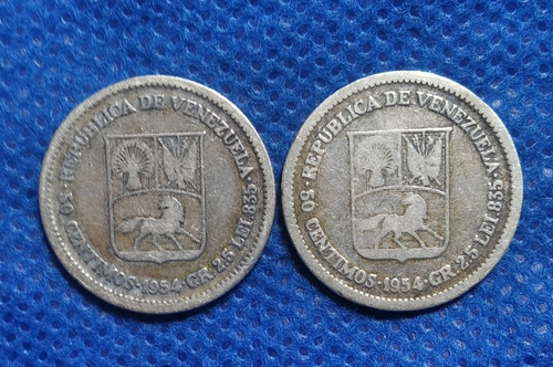 Dos Monedas De 50 Céntimos (plata) De Bolivar Año 1954
