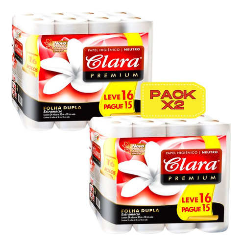 Papel Higienico Clara Doble Hoja Premium 30m X16 Pack X2