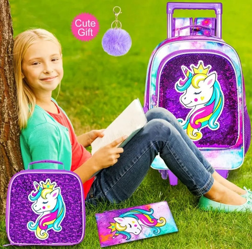 Conjunto De 3 Mochilas, Mochila Con Ruedas Para Niñas Morado Unicornio