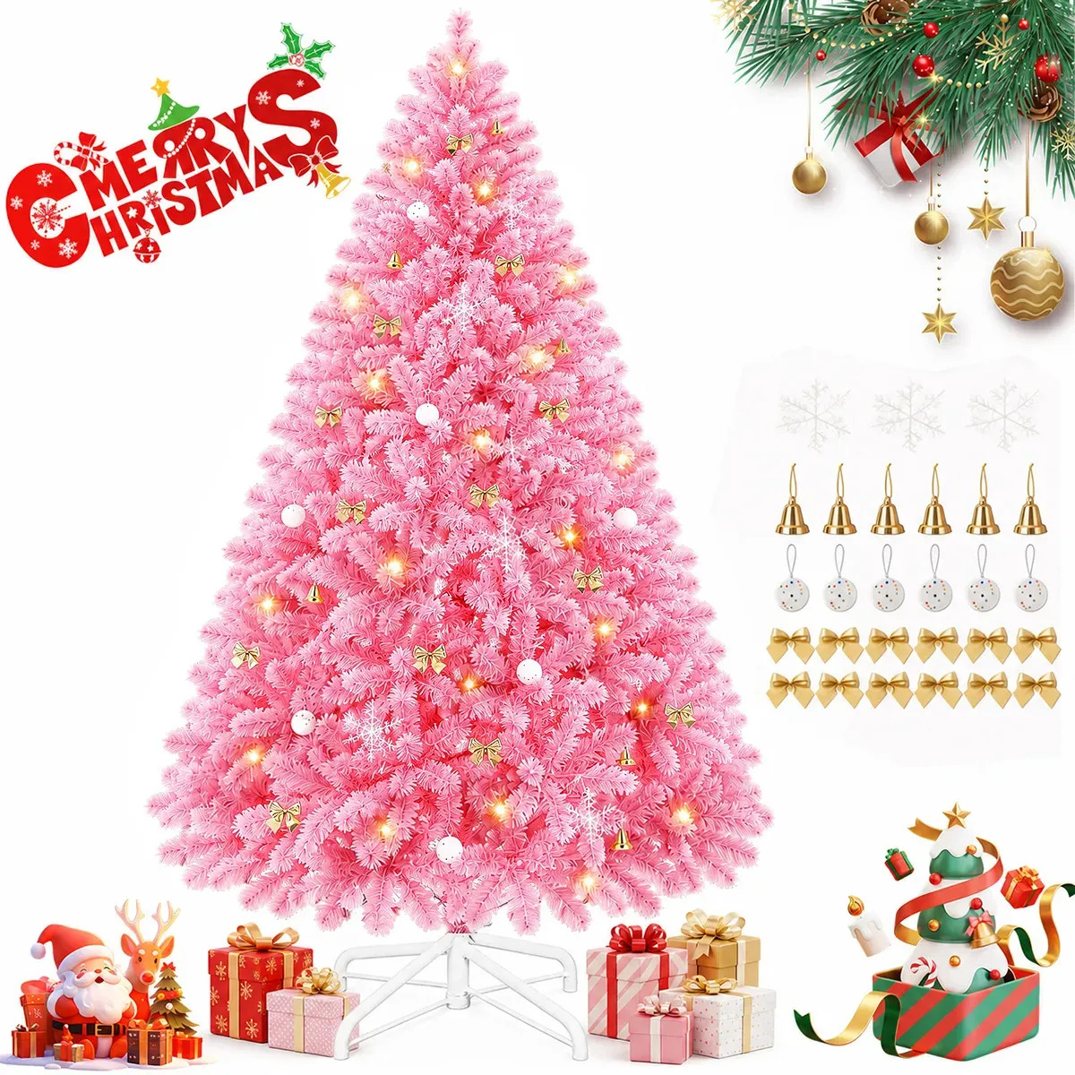 Árbol De Navidad Artificial Rosa De 2m Con 900 Ramas Y Adornos Incluidos