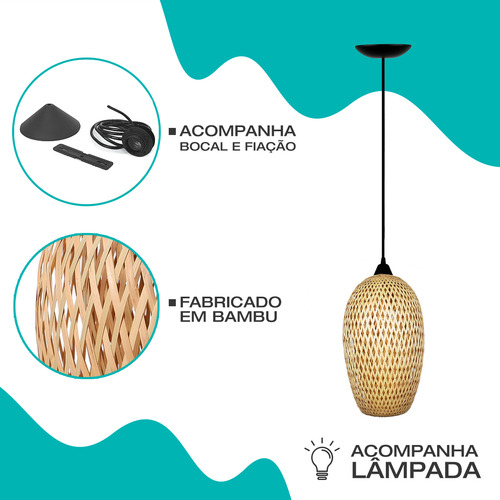 Luminária Led Teto Pendente Lustre Quarto Sala Mesa Cozinha 127/220V Spot Embutir Rústico Bambu 4x4sc