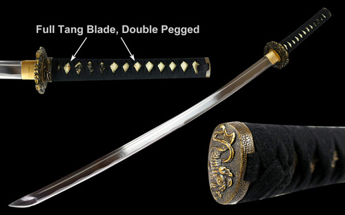 Espada Katana Negra Forjada A Mano Con Tsuba Koi Dorado