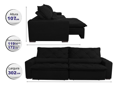Sofá Magnum 3,02m Retrátil Reclinável Cor Preto