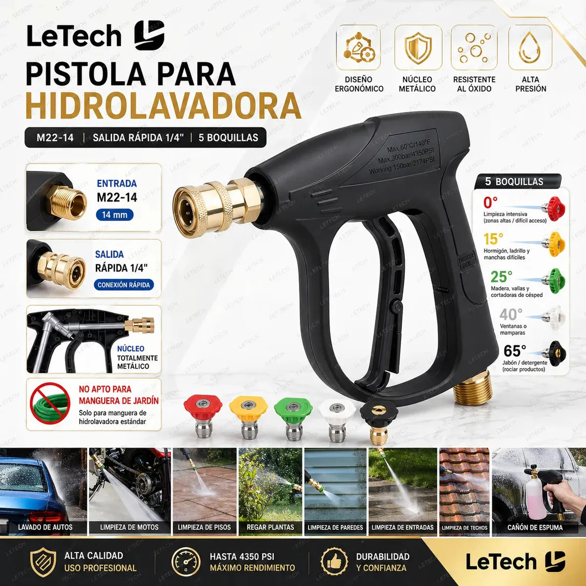 Letech Pistola Para Hidrolavadora , Hidrolavadora Portatil 3000 Psi Con 5 Boquillas De Conexión Rápida De Color Pistola De Presion Inalámbricapresión Alta Manguera Conector Rápido 