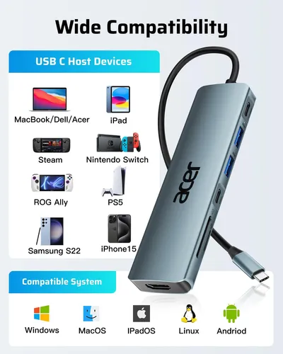 Concentrador Usb C De Acer, Divisor Hdmi 7 En 1, Usb C A, 2