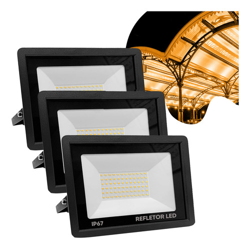 Kit 3 Refletores Flex Led 200w Branco Quente 3500k 127/220V Ip67 Autumu
