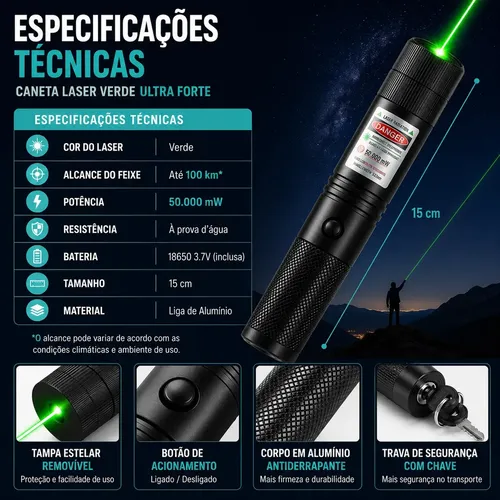 Caneta Laser Verde Ultra Forte 50000mw Recarregável Alcance 100km Prova Dagua Laser Pointer Profissional Longo Alcance Com Chave Segurança Para Astronomia Trilhas Apresentações E Uso Profissional: imagem 3