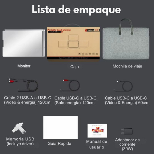 Mr. Gadgets Triple Monitor Portatil Para Laptop 14 Pulgadas, Modelo S780, 16:10 1200p, Ips, Usb C, Usb A, 1 Cable 3 Pantallas, On The Desk, Srgb 100%, Compatible Con Windows, Mac Os, M1, M2, M3, M4