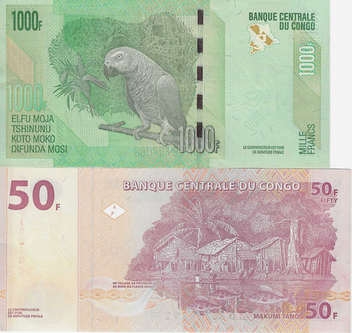 Cédula Congo - 50 & 1000 Francos 2013 - Lote Com 2 (Usado)