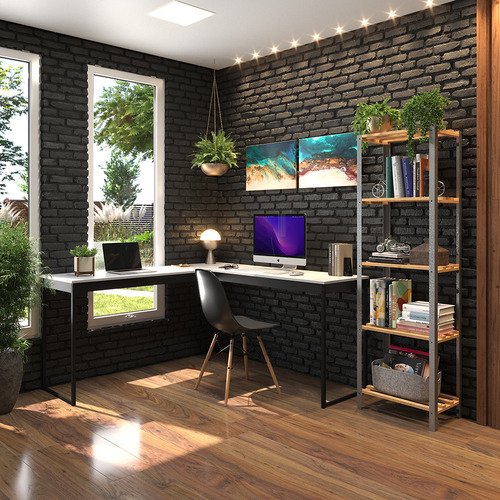 Mesa De Canto Em L Branco Com Ripas Preto Para Home Office/ Escritório Estrutura Em Ferro E Design Industrial