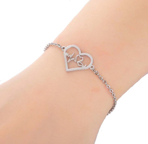 Pulsera Corazon Con Pulso Acero Inoxidable Ajustable