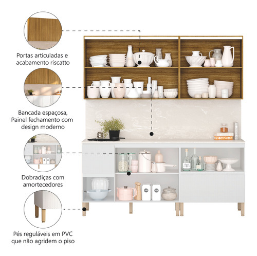 Armário De Cozinha Completa Com Balcão Art Kit’s Paraná 8 Portas 3 Gavetas Madeirado e Branco