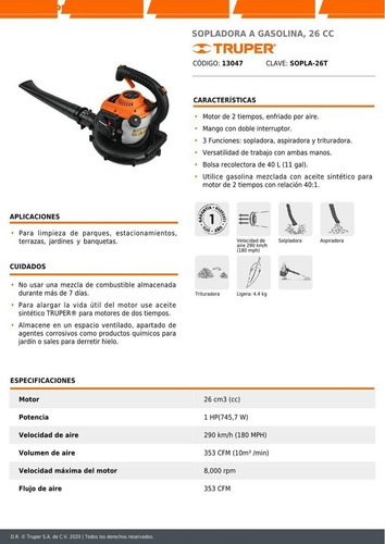 Sopladora Aspiradora Y Trituradora A Gasolina 26cc Con Bolsa