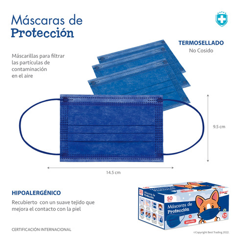 100 Cubrebocas Best Trading Termosellados Colores Infantil Azul Liso