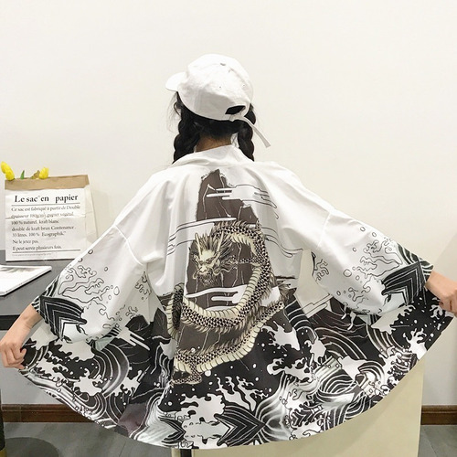 Kimono Japonés Mujer Abrigo Largo Yukata Dragón