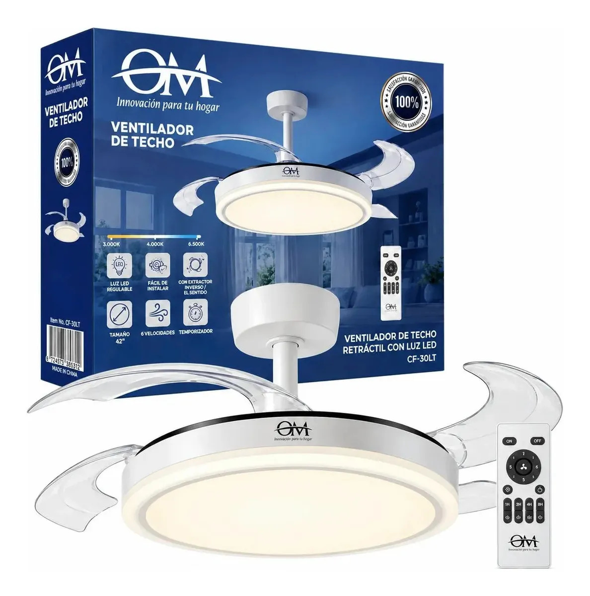 Ventilador Techo Retractil Con Luz Led Om Aspas Transparete 1.067 M 50/60 Hz Blanco