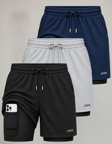 Kit 3 Bermudas 2 Em 1 Short Duplo Masculino Academia Treino Preto-cinza-marinho Liso G
