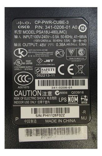 Cargador Cisco 341-0206-01 18w 48v 0.38a Psa18u-480 (Usado)