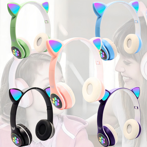 Fone Gatinho Bluetooth Gatinho Infantil Led Menino E Meninas Cor Verde Luz Branco