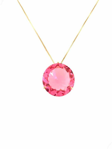 Pingente Em Ouro 18k Redondo 1,4cm Com Pedra Cor Safira Rosa