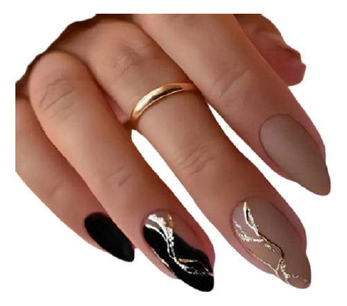 24 Pz Uñas Postizas Tips Craqueleadas Negro Nude Press On Negro Nude Bicolor Craqueleada