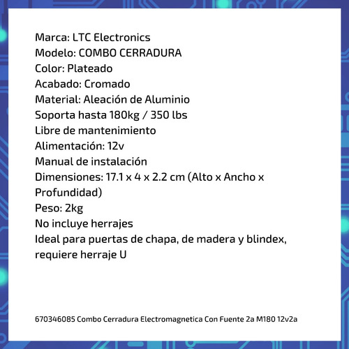 Imagen 4 de 8 de Combo Cerradura Electromagnetica Con Fuente 2a M180 12v2a