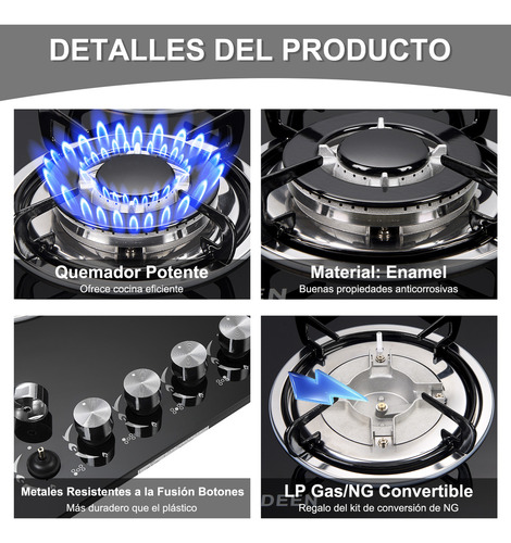 Parrilla De Gas Empotrable de mesa XIUDEEN XD5001G 5 quemadores de gas GN GLP aplicables cristal templado color negro