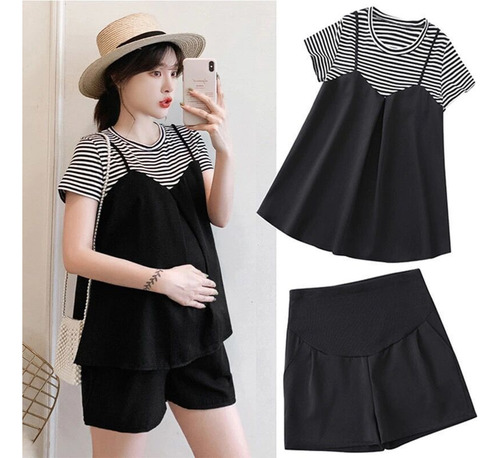 L - 2023 Summer Maternity Stripe Tee Belly Support Shorts