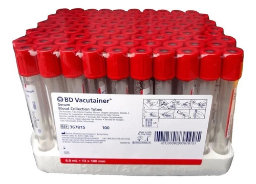 100 Pz Tubo Para Extracción De Sangre Vacutainer Rojo 6ml Bd