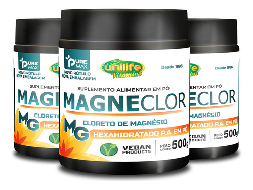 Kit 3 Magneclor Cloreto De Magnésio P.a Unilife 500g Sabor Natural