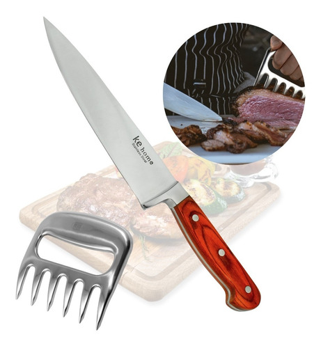 Kit Churrasco Faca Cabo Madeira E Garra Urso Inox Gourmet