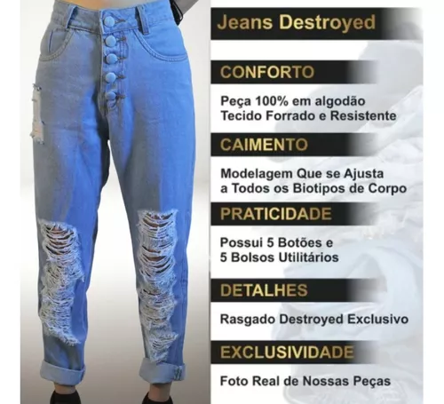 Calça Jeans Clara Feminina Cintura Alta Destroyed Botões